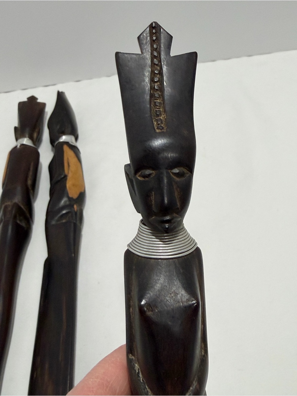 Hand-Carved Brown Wooden Serving Utensil Set with Carved Figure Handles - Picture 9 of 10
